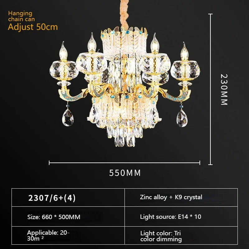 European Living Room Chandelier High-end Luxury Gold Candle Lamp Lamp Arm Inlaid With Diamonds Dining Room K9 Crystal Lamp Hot