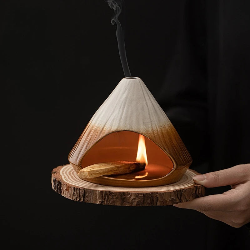 Mount Fuji Incense Fireplace, Cedar Sage Incense Burner Peruvian Sacred Wood Large Kiln Ceramic Incense Burner