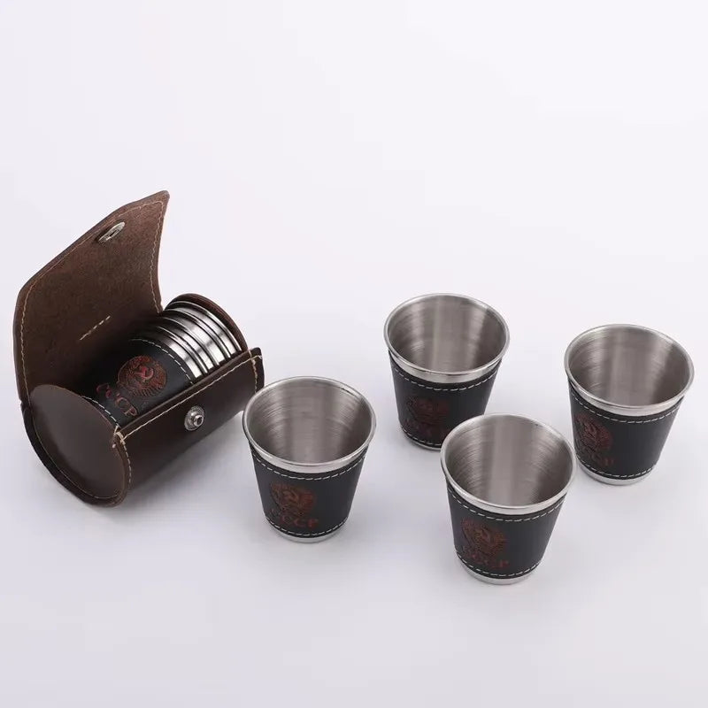 Vodka Cup,304 PU Holster Stainless Steel Wine Tumbler Portable Waist Personalized Liquor Spirits Cup 4pcs 70ml Shot Glass Set